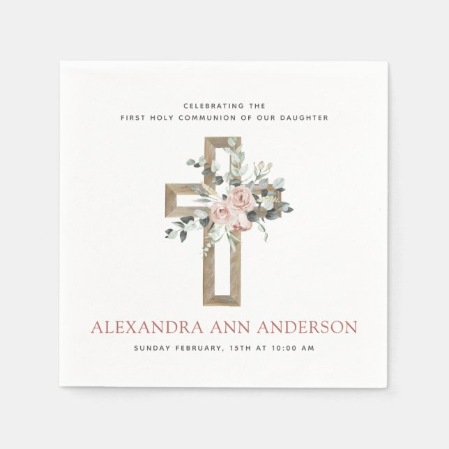 Serviette En Papier Première Sainte Communion Rose Dusty (Devant)
