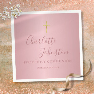 Serviette En Papier Première Sainte Communion Rose Or Moderne Rose
