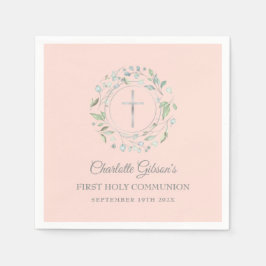 Serviette En Papier Première Sainte Communion Verdure Peau Rose Argent
