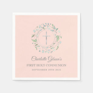 Serviette En Papier Première Sainte Communion Verdure Rose Pâle Argent
