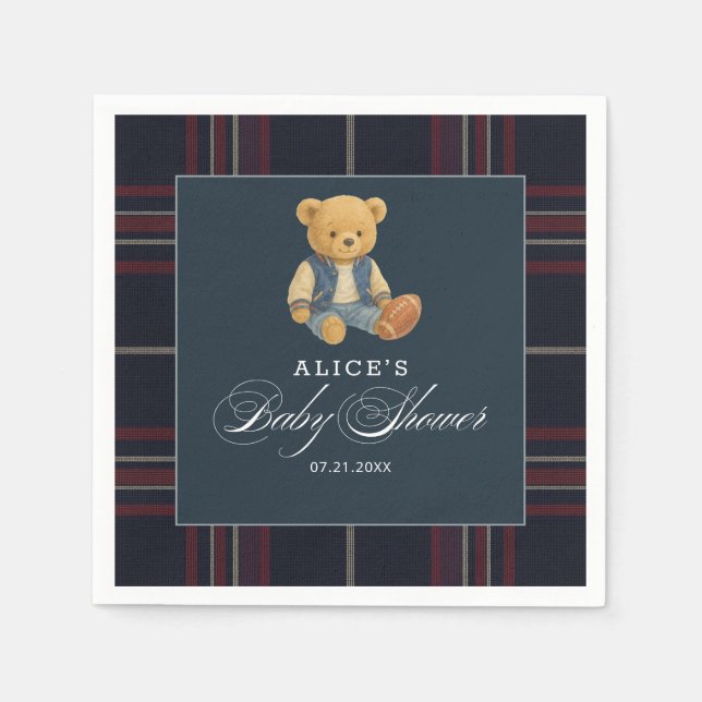 Serviette En Papier Preppy Bear Football Marine Baby shower bleu servi (Devant)