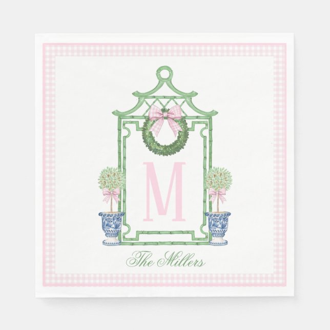 Serviette En Papier Preppy Chinoiserie Pagode de Noël Monogramme (Devant)