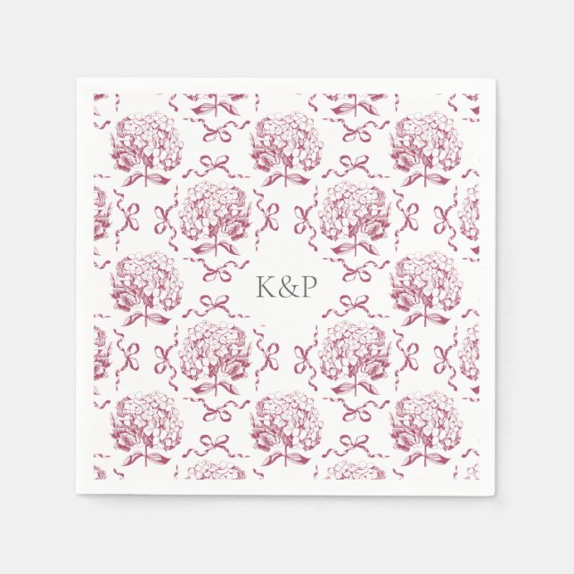Serviette En Papier Preppy Toile rose Hydrangea Bow avec nom (Devant)