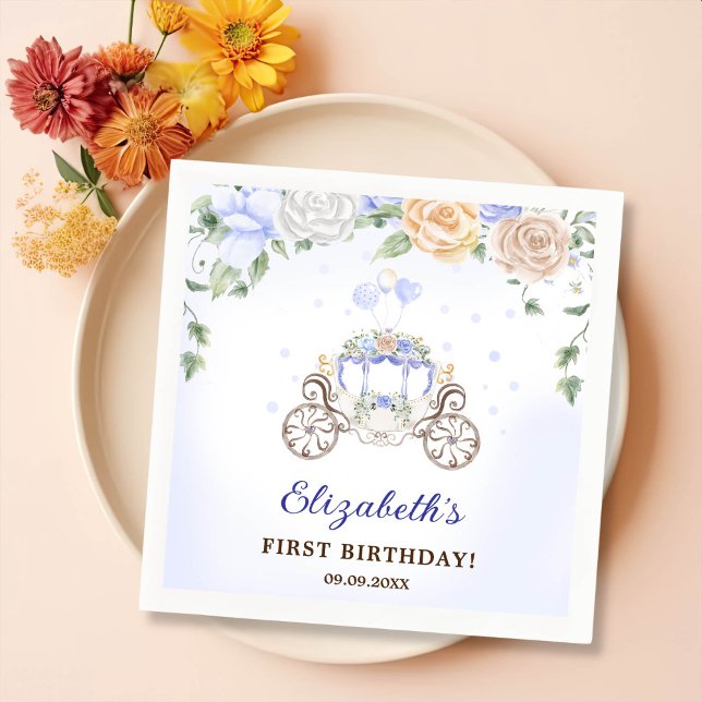 Serviette En Papier Princess Anniversaire Carriage Blue Floral (Créateur téléchargé)