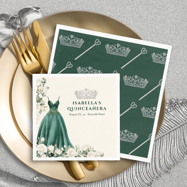 Serviette En Papier Princess Dress Emerald Green et Crème Floral (Cocktail Napkins from the Princess Dress and Roses Collection by Darling & May)