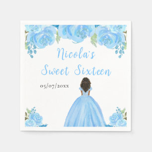 Serviette En Papier Princesse à peau foncée Fleurs florales bleues Swe