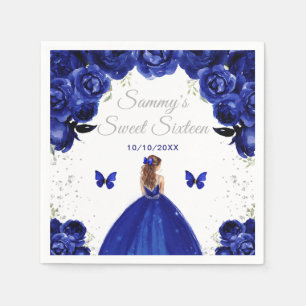 Serviette En Papier Princesse aux Cheveux Brun Bleu Foncé Sweet Sixtee