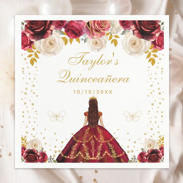 Serviette En Papier Princesse Florale Rouge Quinceañera (Créateur téléchargé)