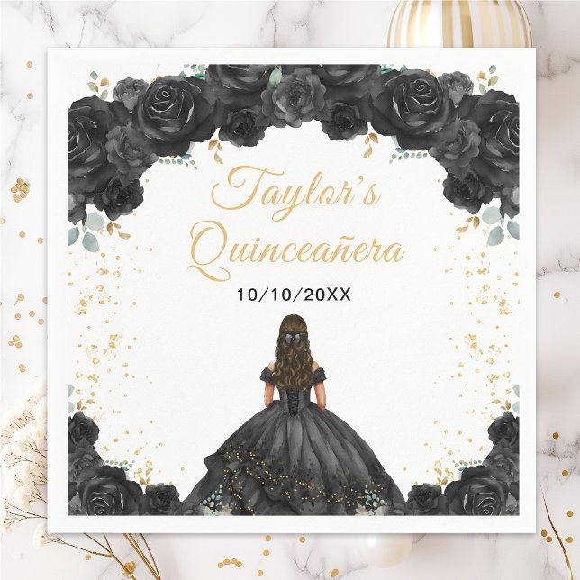 Serviette En Papier Princesse noire Floral Quinceañera (Créateur téléchargé)