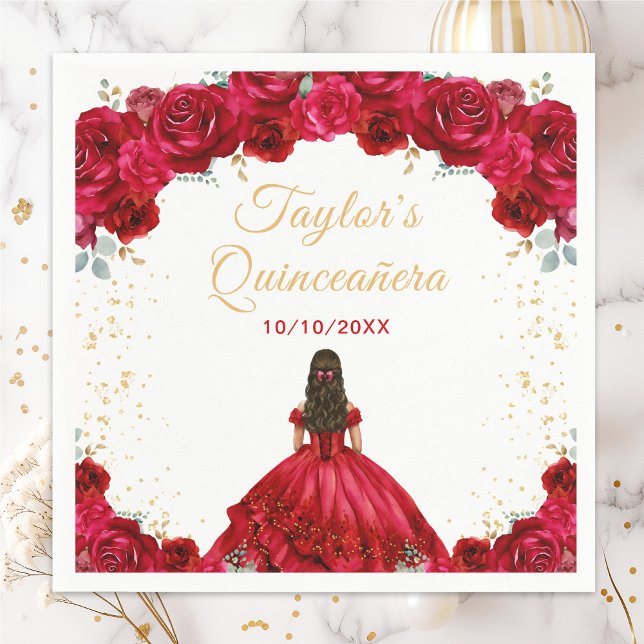 Serviette En Papier Princesse Rouge Floral Quinceañera (Créateur téléchargé)