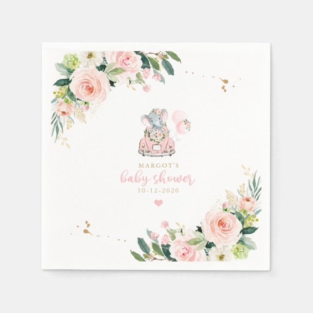 Serviette En Papier Promenade Eléphane Par Roses Rose Baby shower (Devant)