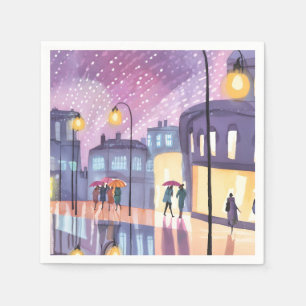Serviette En Papier Promenade Lofi Pluvieuse Aquarelle Lumières Colo
