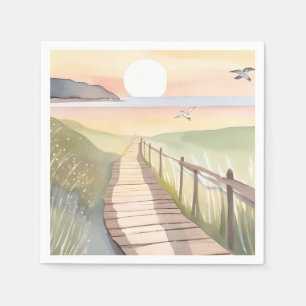 Serviette En Papier Promenade Océanique Aquarelle Coucher de Soleil