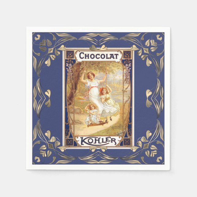 Serviette En Papier Publicité au chocolat victorien or bleu (Devant)