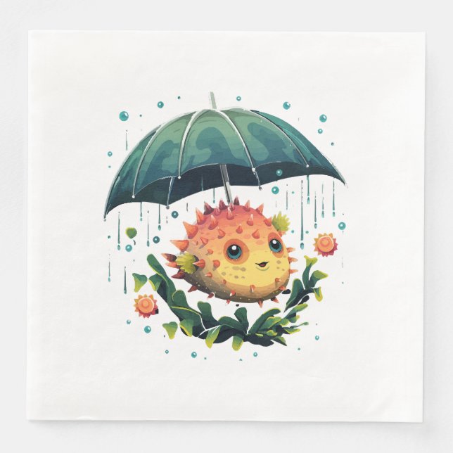 Serviette En Papier Puffer Fish Rainy Day avec parapluie (Devant)