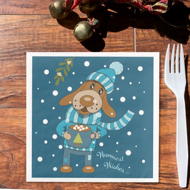 Serviette En Papier Pup de Noël Cute Papier Bleu Napkins (Holiday blue napkins with an adorable dog drinking hot cocoa . )