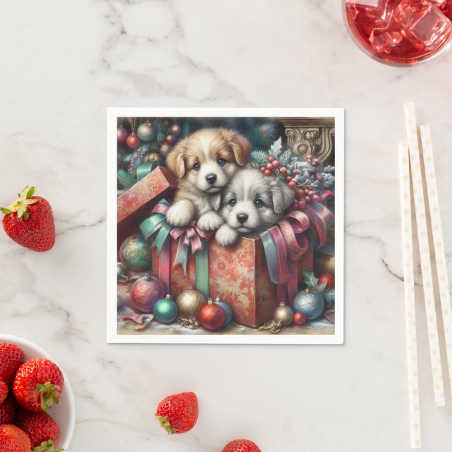 Serviette En Papier Puppies Napkins de Noël (En situation)