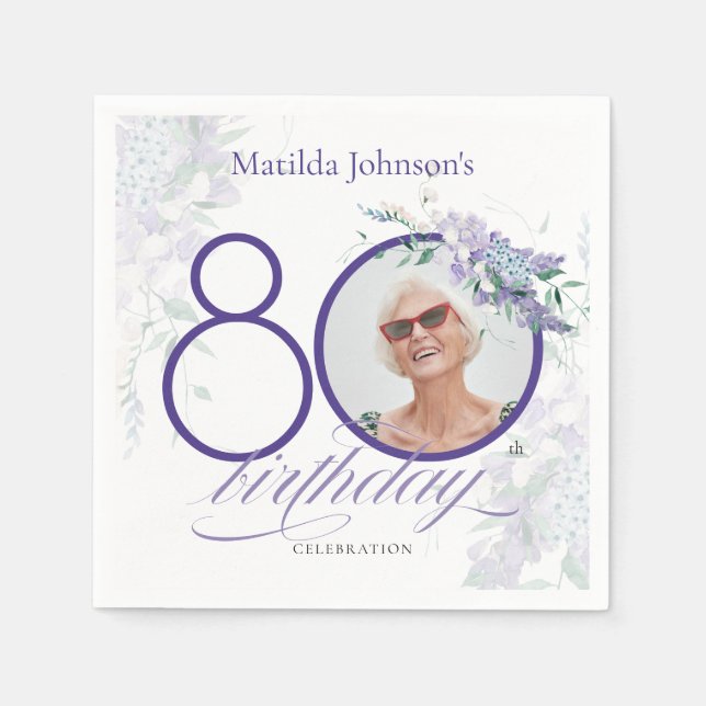 Serviette En Papier Purple 80e anniversaire Floral Wisteria Photo pers (Devant)
