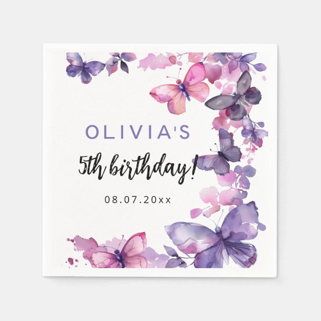 Serviette En Papier Purple Aquarelle Papillon Fille à l'anniversaire (Devant)