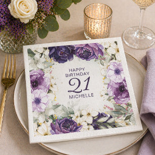 Serviette En Papier Purple Blanc Floral Joyeux Anniversaire Nom Âge