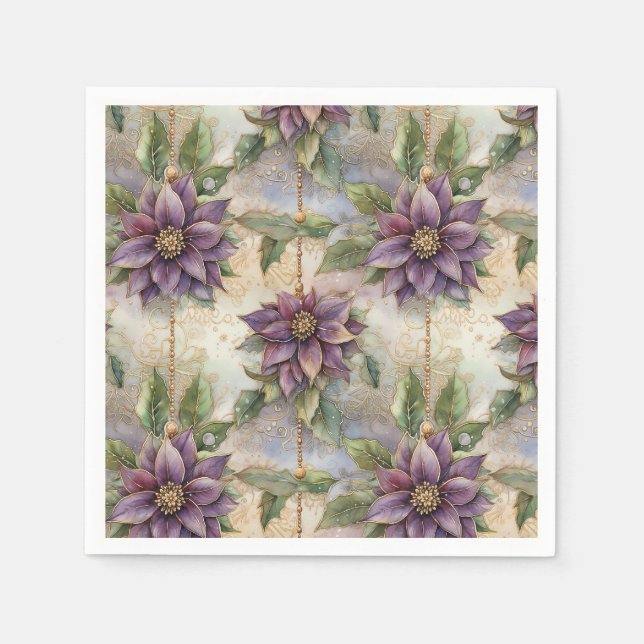 Serviette En Papier Purple Elegance Luxe Poinsettia & Holly Christmas (Devant)
