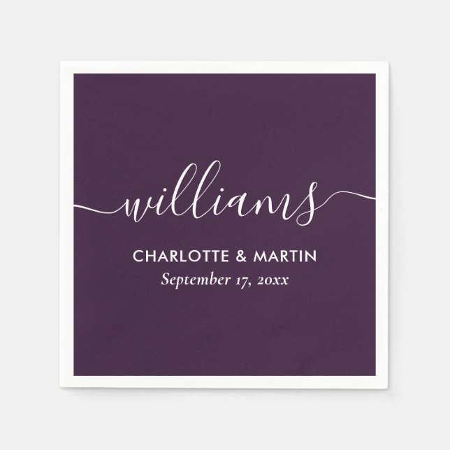 Serviette En Papier Purple Elegant Modern Script Wedding (Devant)