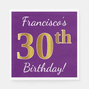 Serviette En Papier Purple, Faux Gold 30e anniversaire + Nom personnal