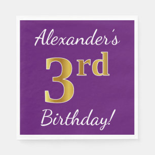 Serviette En Papier Purple, Faux Gold 3ème anniversaire + Nom personna