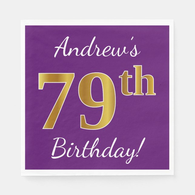 Serviette En Papier Purple, Faux Gold 79e anniversaire + Nom personnal (Devant)