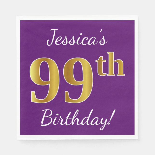 Serviette En Papier Purple, Faux Gold 99e anniversaire + Nom personnal (Devant)