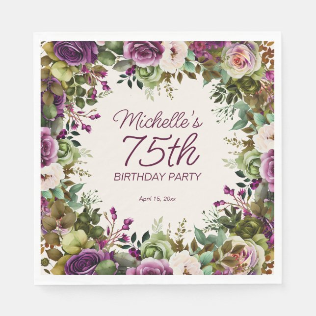 Serviette En Papier Purple Floral Green Feuilles 75e anniversaire (Devant)