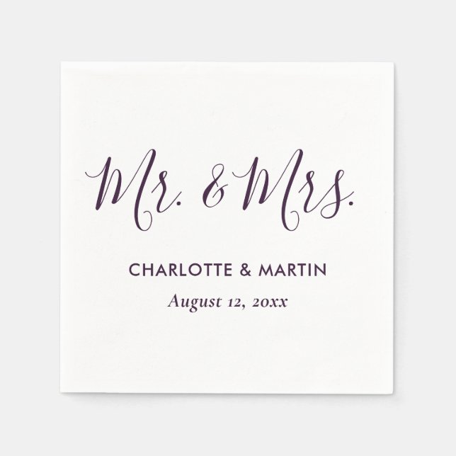 Serviette En Papier Purple Modern Script Mr. and Mrs. Wedding (Devant)