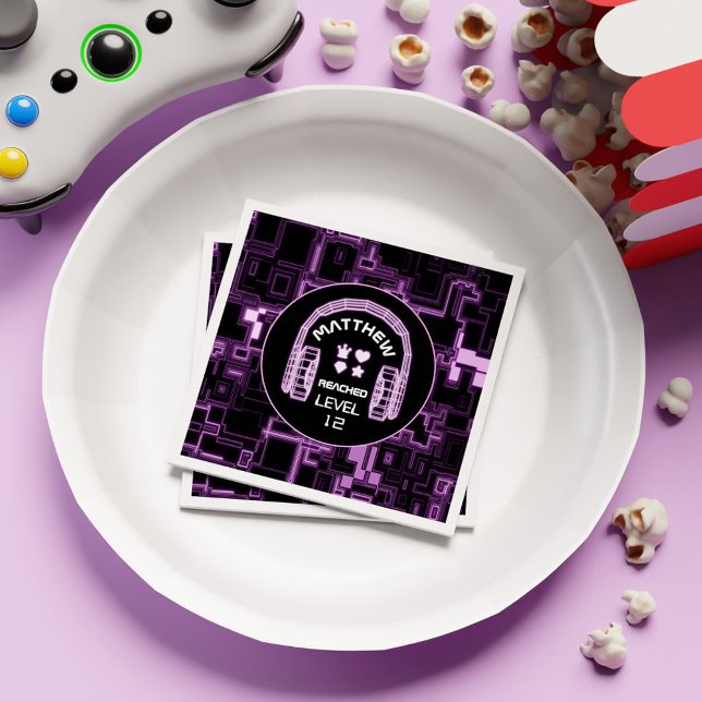 Serviette En Papier Purple Neon Jeu Garçon Gamer Anniversaire de enfan (Purple Neon Gaming Boy Gamer Kids Birthday Party Napkins)