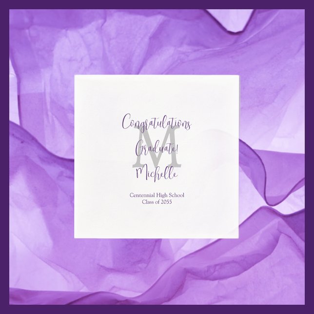 Serviette En Papier Purple White Grey Monogrammed Graduation Party (Créateur téléchargé)