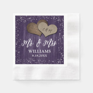 Serviette En Papier Purple Wood Burlap Hearts Mr & Mrs Mariage