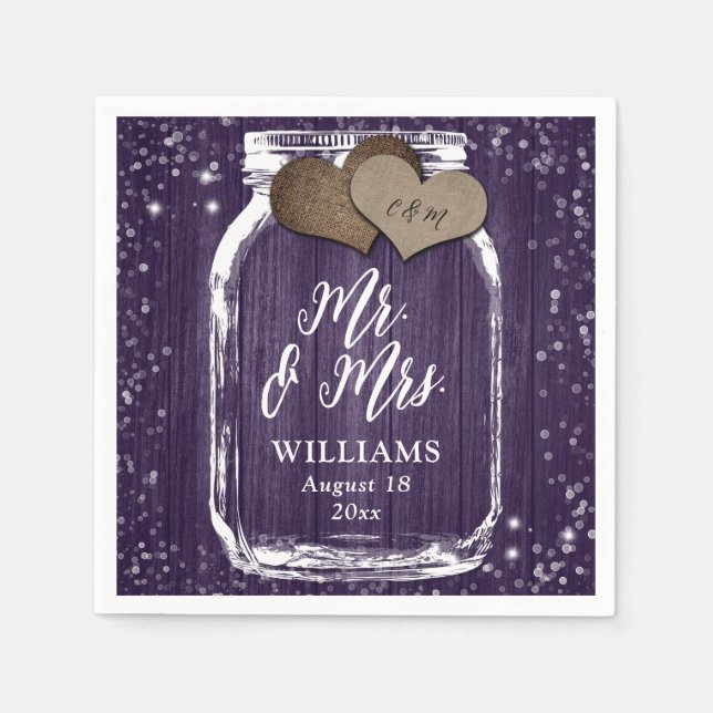 Serviette En Papier Purple Wood Mason Jar Rustic M & Mme Mariage (Devant)