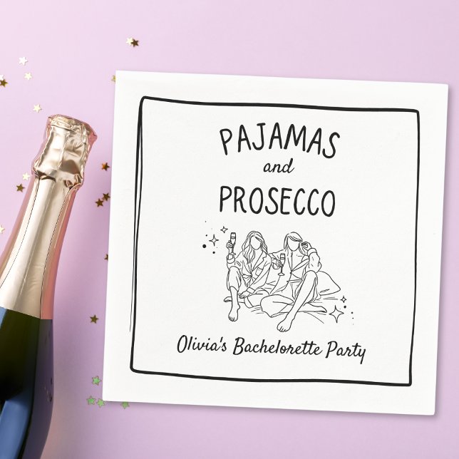 Serviette En Papier Pyjama & Prosecco Fête de Bachelorette Personnalis (Elevate your bachelorette soirée with our whimsical & chic 'Pajamas and Prosecco' custom napkins.)