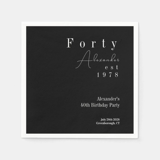 Serviette En Papier Quarante Noir et Blanc 40e fête d'anniversaire (Devant)