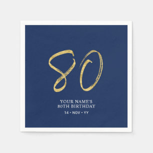 Serviette En Papier Quatre-vingts   Lettre dorée et bleu marine 80e an