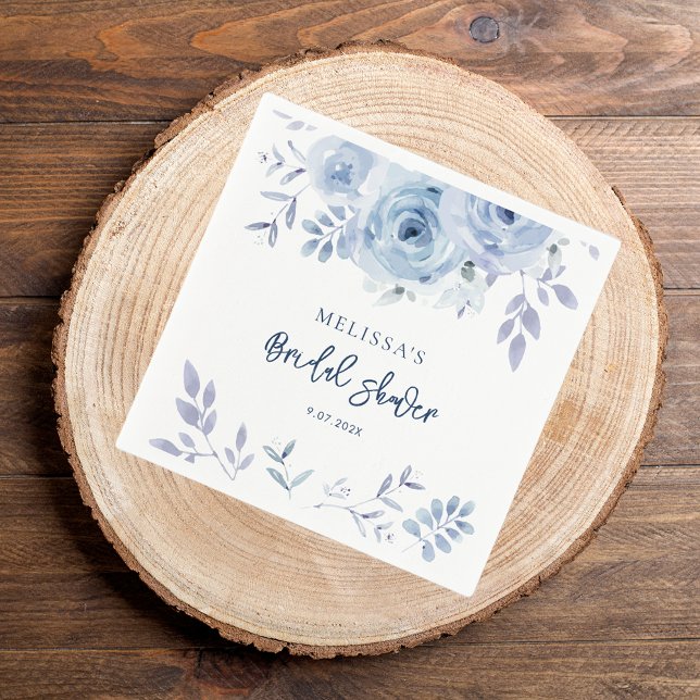Serviette En Papier Quelque chose de bleu avant que je ne me marie pap (Dusty Blue Floral Watercolor Bridal Shower PAper Napkin)