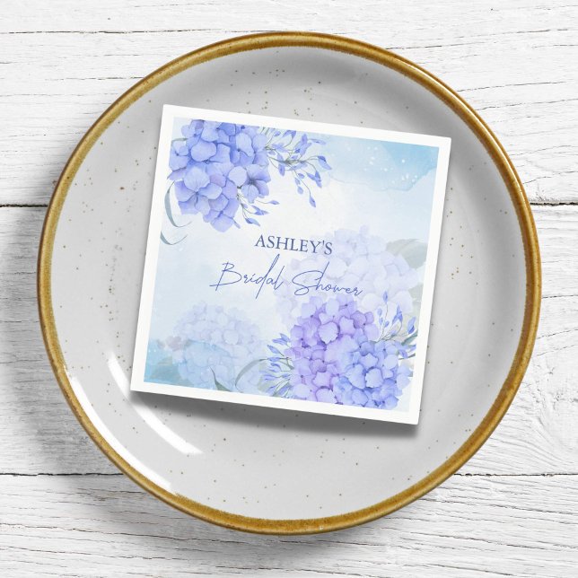 Serviette En Papier Quelque chose d'élégant hydrangeas blue shower de  (Something blue bridal shower personalized napkins blue watercolor hydrangeas floral napkins)