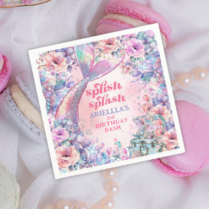 Serviette En Papier Queue de sirène pailletée de fleurs pour 3ème anni