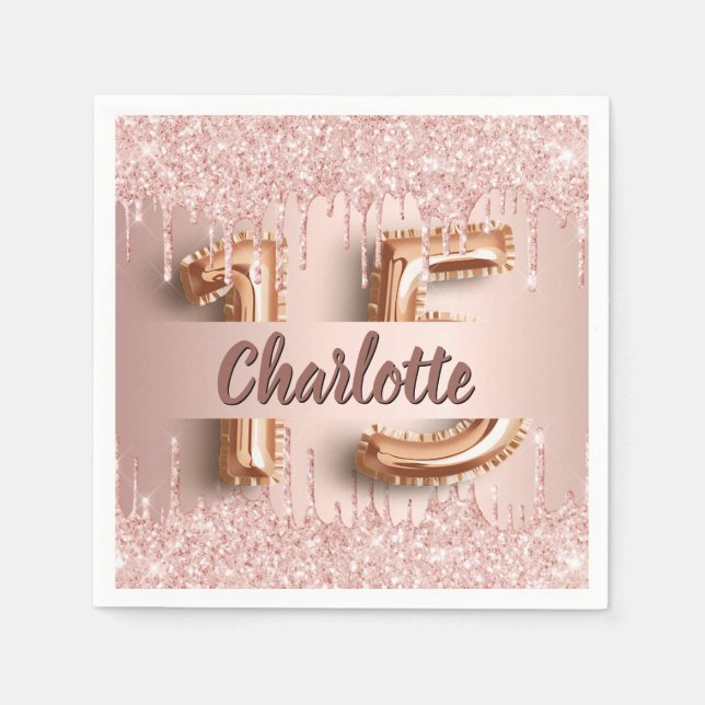 Serviette En Papier Quinceanera anniversaire rose gouttes d'or (Devant)