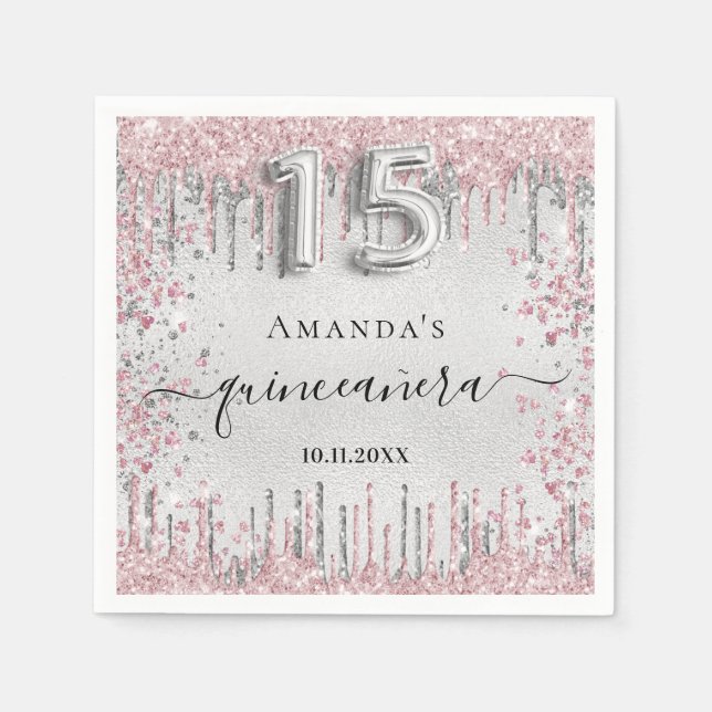 Serviette En Papier Quinceanera argent rose parties scintillant nom go (Devant)