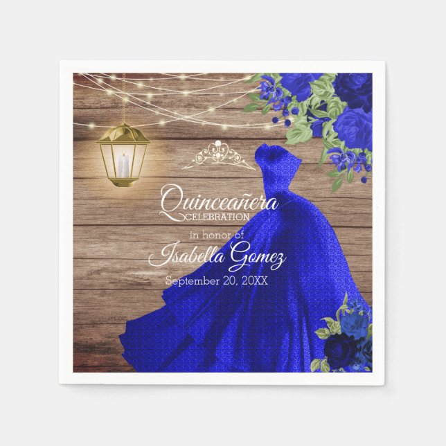 Serviette En Papier Quinceañera Bois et Fleurs Bleues Foncé (Devant)