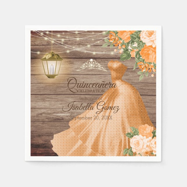 Serviette En Papier Quinceañera Bois et fleurs orange (Devant)