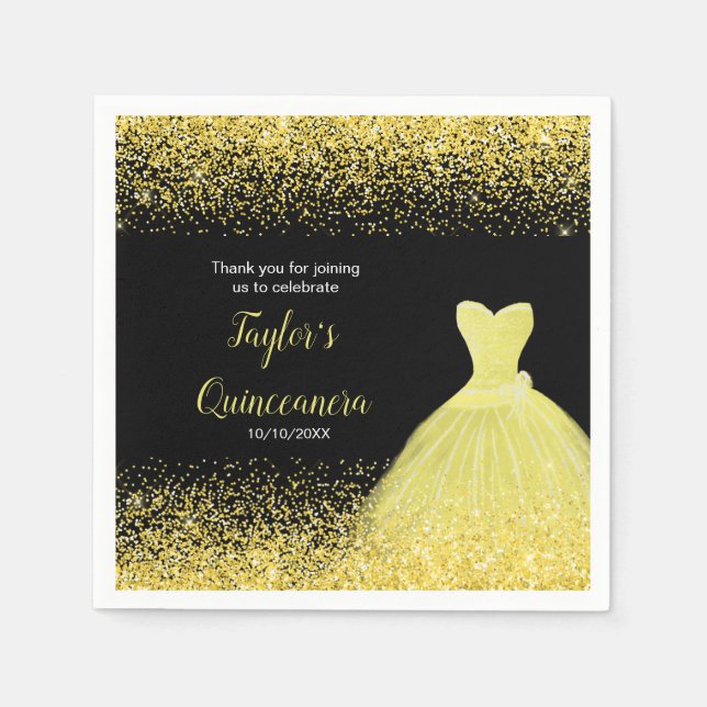 Serviette En Papier Quinceanera Bright Yellow Faux Parties scintillant (Devant)
