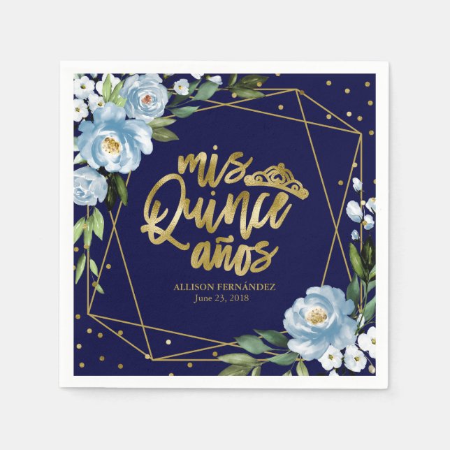 Serviette En Papier Quinceanera or bleu floral (Devant)