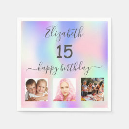 Serviette En Papier Quinceanera parti rose violet photo holographique