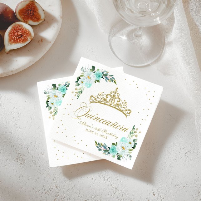 Serviette En Papier Quinceanera Party Gold Tiara Blush Turquoise Flora (Créateur téléchargé)